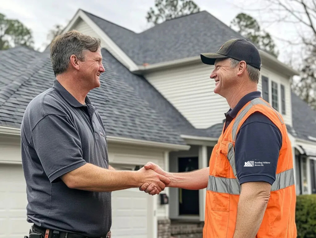 Roofer and client shaking hands after successful roof installation.