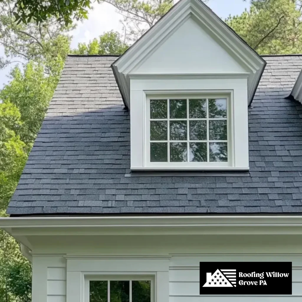 Home with a newly installed black shingle roof and dormer window for improved curb appeal.