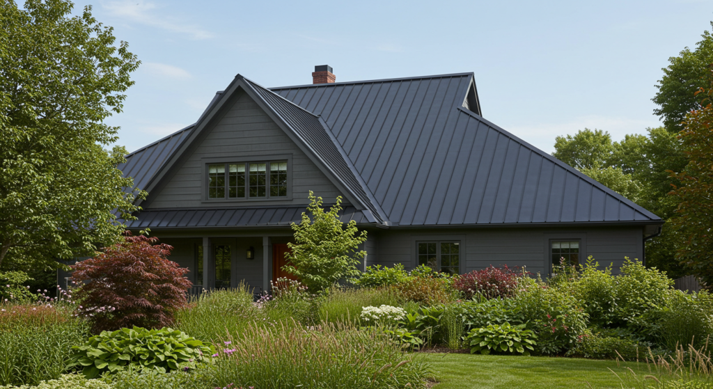 Eco-friendly home in Willow Grove with a metal roof and green landscaping, promoting sustainability and energy efficiency.