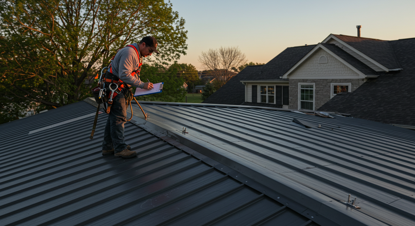 Professional roofer conducting a post-installation inspection on a metal roof in Willow Grove, ensuring durability and precision craftsmanship.