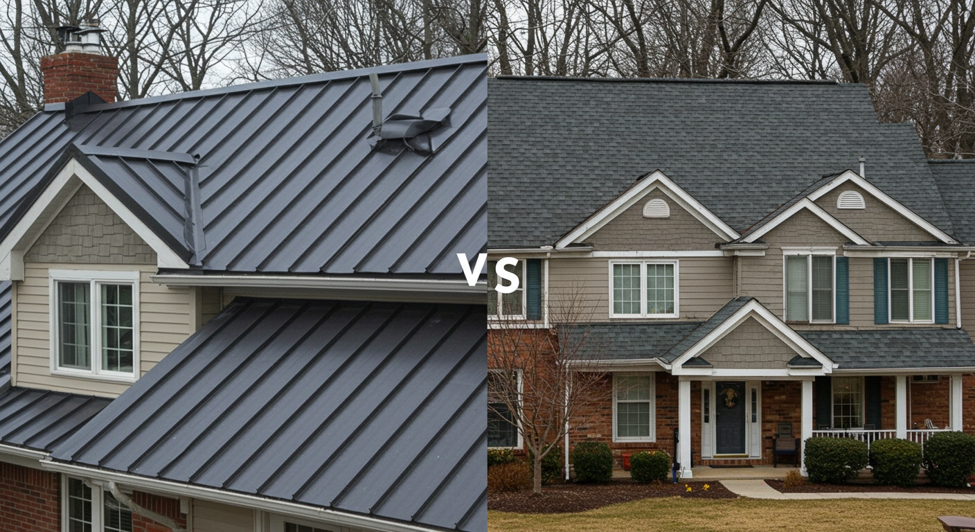 Side-by-side comparison of a metal roof and an asphalt shingle roof in Willow Grove, showcasing durability and long-term benefits.